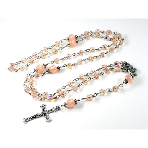 Handmade Pink Five Decade Rosary, Stainless Steel Wire, Vintage Moonglow Beads - Picture 3 of 10